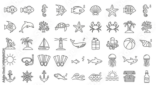 Black and white beach icons set.