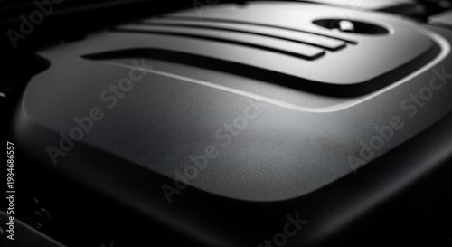 Closeup of a sleek modern engine cover showcasing automotive design and engineering details.