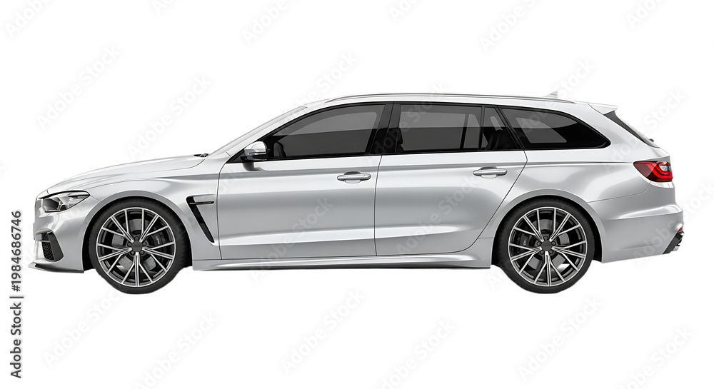 Fototapeta premium Silver B M W M4 touring car with dark tinted windows and alloy wheels isolated on a transparent background