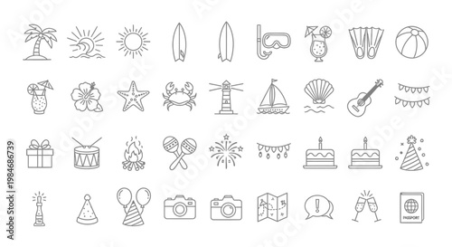 Various Summer Vacation Icons Line Style.