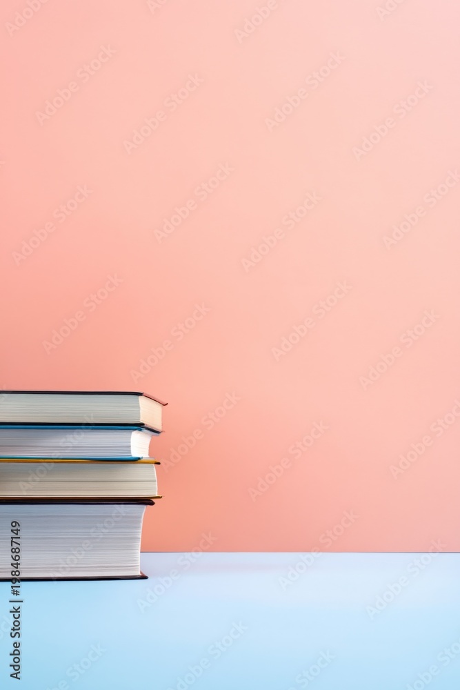 Fototapeta premium Stacked books resting on pastel tabletop with soft backdrop