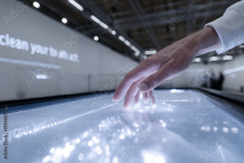 Hand interacting with futuristic touchscreen interface in modern space