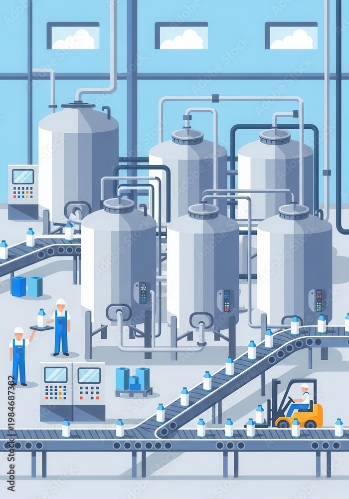 Fototapeta premium Modern industrial plant features workers overseeing automated dairy production lines with large stainless steel vats and conveyor belts.
