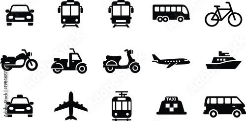 Set of black solid icons representing different types of transportation and public transit vehicles