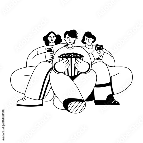 Glyph style illustration showing friends watching movie 
