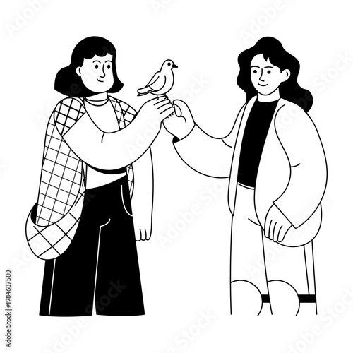 A glyph style illustration showing friends feeding pigeons 
