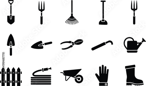 Collection of black gardening tool icons including shovel rake watering can and wheelbarrow