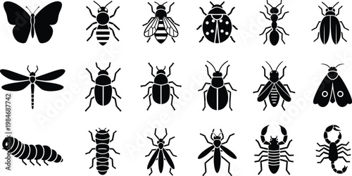 Collection of black insect and bug icons including butterfly bee ant and beetle on white background