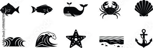 Sea life and nautical icons in black and white featuring a whale crab fish shell waves and anchor