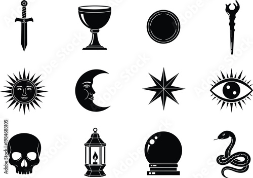 Set of mystical and occult symbols featuring tarot suits celestial bodies and esoteric objects