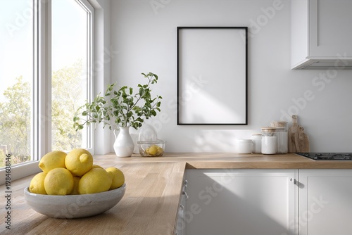 Modern kitchen interior with lemons and blank wall frame