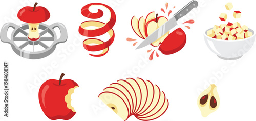 Apple Slicing and Peeling Vector Set with Core, Spiral, Slices, and Cubes for Cooking, Fruit Preparation, and Kitchen Tools