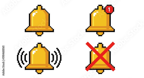 Pixel art bell icons notification, ringing, and disabled states for digital interfaces