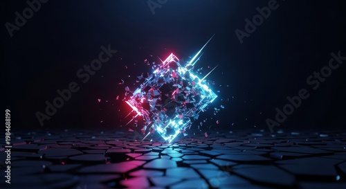 Fractured digital elements floating in a dark expanse, reality dissolving into geometric shards, glowing light leaks, and distorted pixels, infinite, blast, neon