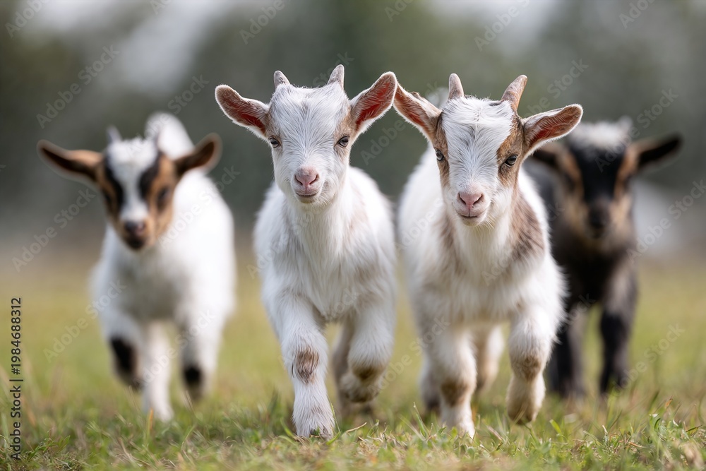 Obraz premium Baby goats walking on grass outdoors in nature