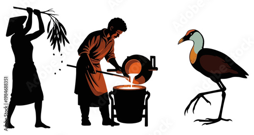 Farmer harvesting olives with molten metal pouring and bird walking against white background