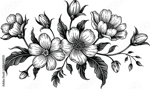 Intricate floral bouquet with various flowers and buds in hand drawn etching vector style.