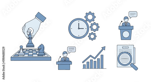 A set of stylized blue business icons featuring strategic planning, time management, public speaking, growth analysis, and detailed research.