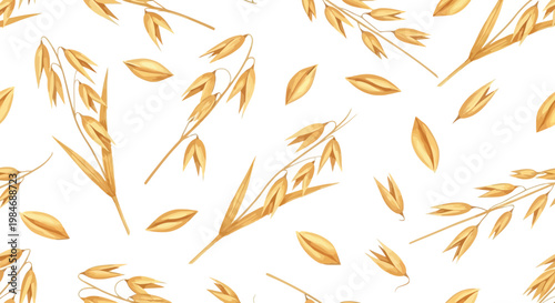 Seamless pattern of golden oat stalks and grains on a white background, watercolor illustration