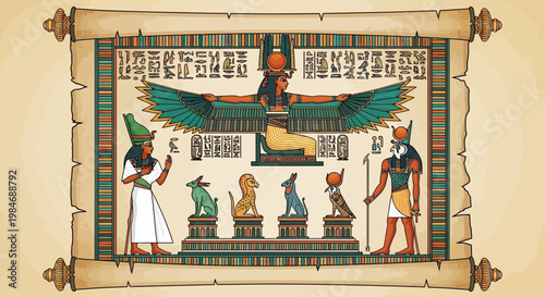 Ancient Egyptian Gods and Hieroglyphs on Papyrus Scroll