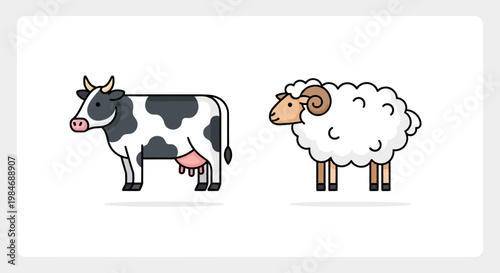 Cartoon cow and sheep standing side.