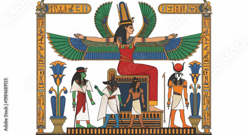Ancient Egyptian Goddess Isis with Winged Protection and Deities