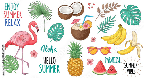 Tropical Summer Vibes: Flamingo, Coconut Drink, Pineapple, Watermelon, Bananas, Sunglasses