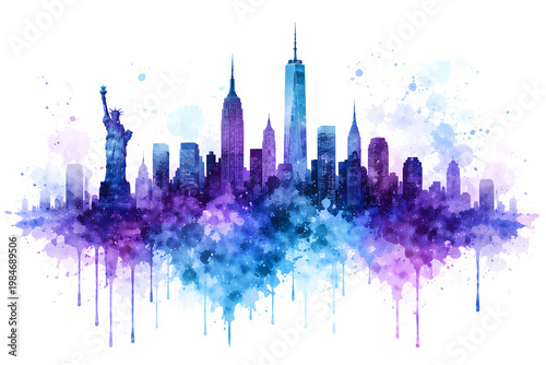 New York City Silhouette with Watercolor Splash Skyline in Blue and Violet Tones