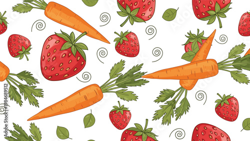 Playful and healthy food pattern with whole red strawberries and orange carrots with green tops scattered on a white background.