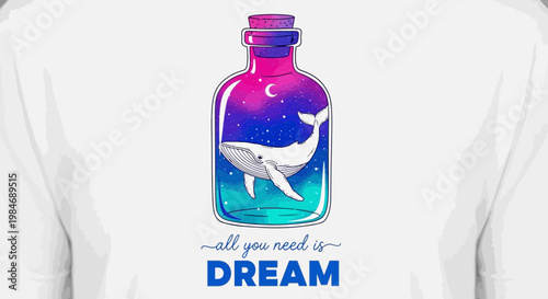 Whale in a bottle with starry sky and gradient colors, inspirational quote