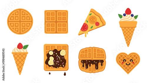 Collection of delicious sweet treats including various waffles with chocolate sauce, pizza slice, and ice cream cones on white.