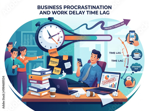 Business Procrastination and Work Delay Time Lag Vector Illustration Concept
