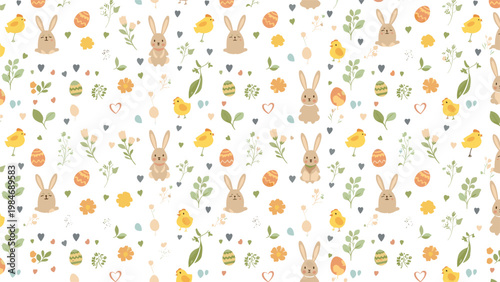 Soft and cute Easter pattern with bunnies, chicks, eggs, flowers, and leaves in pastel colors on a white background.