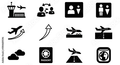 A Collection of Airport and Travel Icons, Including Airplanes, Control Towers, and Passengers