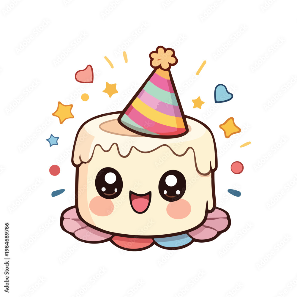 Fototapeta premium Cute cartoonist birthday cake character vector. Whimsical cake cartoon clipart. Adorable birthday cake emoticon drawing