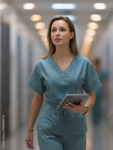 Female doctor walking hospital corridor holding digital tablet