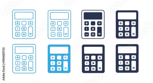 Set of digital calculators in outline and solid style, representing financial and mathematical computation