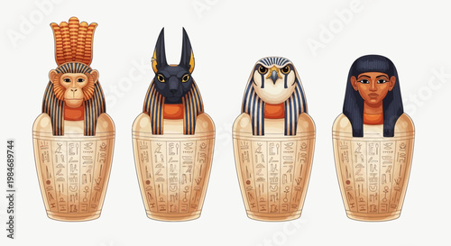Ancient Egyptian Canopic Jars with Animal Heads: Imsety, Hapi, Duamutef, Qebehsenuef