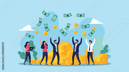 Happy group of office workers celebrating financial success as money and golden coins fall from the sky around large piles of wealth.
