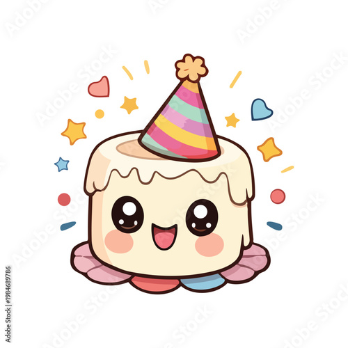 Cute cartoonist birthday cake character vector. Whimsical cake cartoon clipart. Adorable birthday cake emoticon drawing