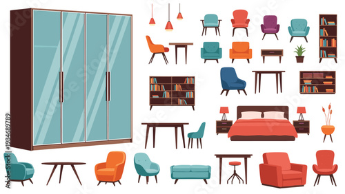 Large set of various home and office furniture items including beds, sofas, chairs, tables, lamps, and bookshelves in a flat design style.