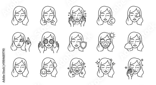 Collection of skincare routine icons illustrating facial treatment and beauty procedures, presented in a clean, line-art style for visual guides and cosmetic branding