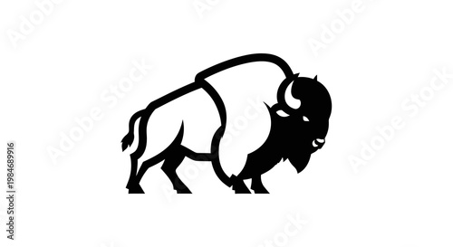 Black and White Bison Silhouette Icon, Simple Vector Art of American Buffalo