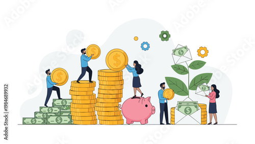 Corporate business team working together to manage money using stacks of coins, a piggy bank, green cash plants, and envelopes of dollars.