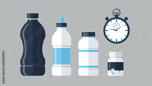 Sports and health supplement collection featuring various water bottles, a protein container, pills, and a professional digital stopwatch.