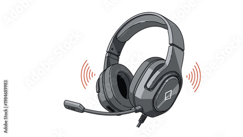 Professional grey gaming headset with an adjustable microphone and integrated sound wave graphics on each side for immersive audio.