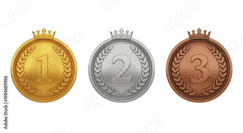 Gold, Silver, and Bronze Medals Representing First, Second, and Third Place in a Competition or Award Ceremony