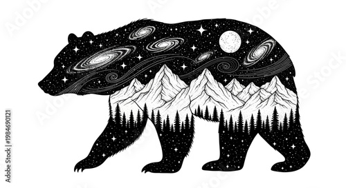 Cosmic Bear Silhouette with Mountains and Stars