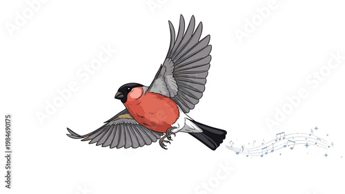 Illustration of a red-breasted bullfinch bird in mid-flight with musical notes trailing behind against a clean and minimalist white background.