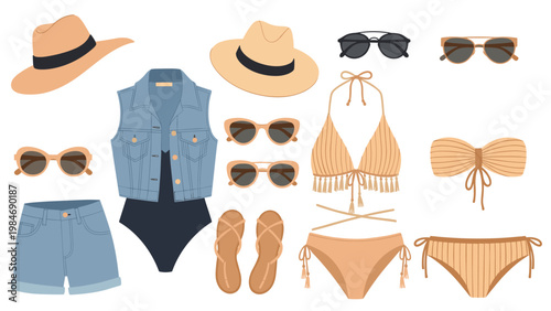 Set of summer beach accessories and clothing including swimwear, sun hats, denim shorts, sunglasses, and flip flops for vacation planning.